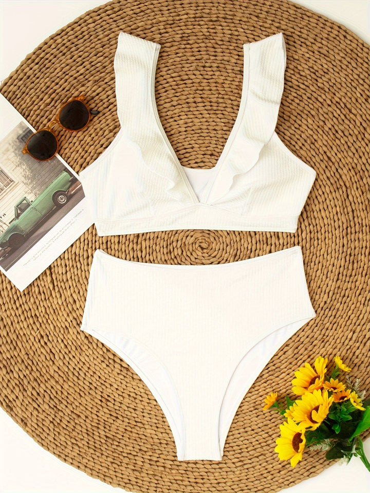 Stilla | Elegant Bikinitop Med Høj Talje V-Udskæringsform, Elastisk, Dækkende, Glat, Med Rynkede Detaljer