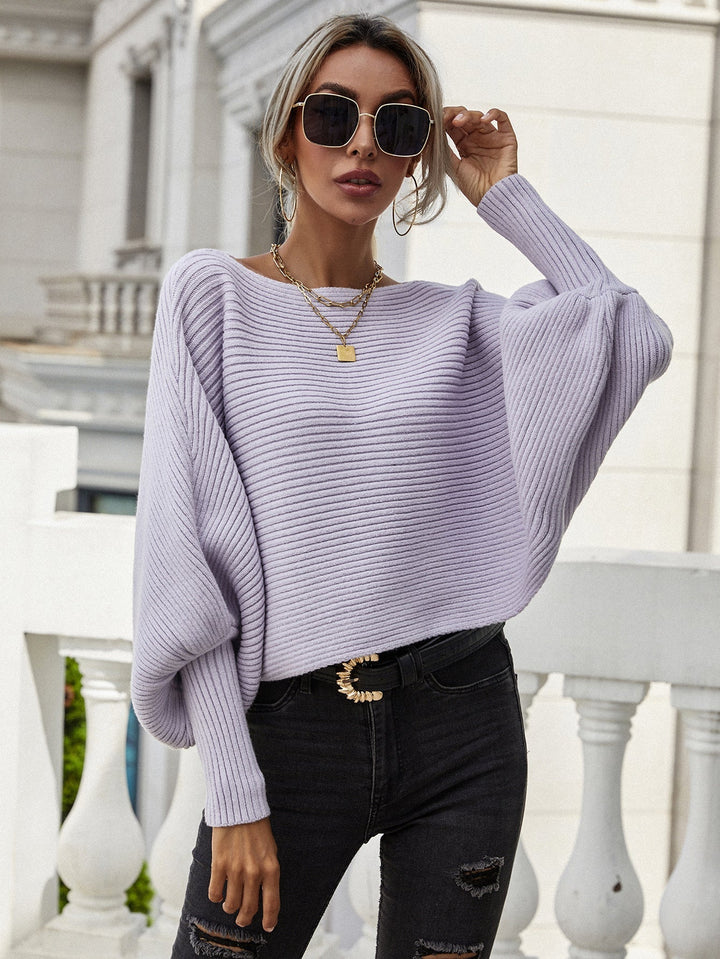 Stilla | Lige, Vandret Stribet, Ribbet Sweater Med Flagermusærmer