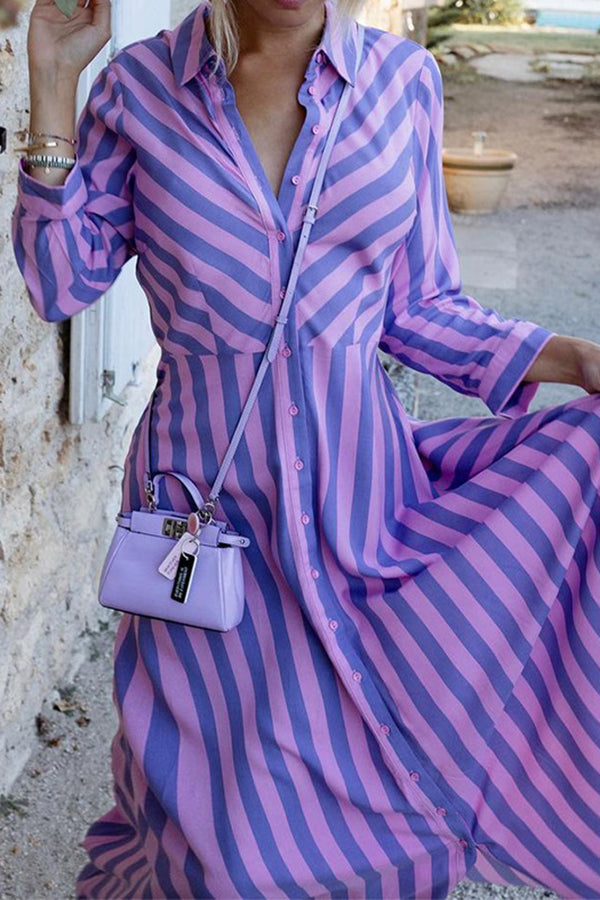 Stilla | Svær at Fang Stripe Print Skjorte Maxi Kjole