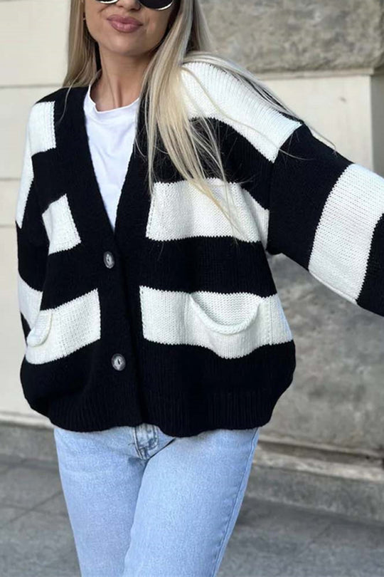 Stilla | Stribet Casual Cardigan Med Lange Ærmer, Lommer Og V-udskæring
