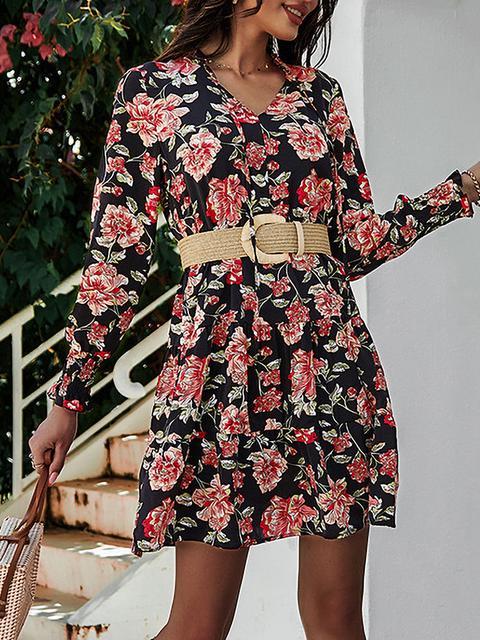 Stilla | Blomsterprint Langærmet V-hals Mini Kjole