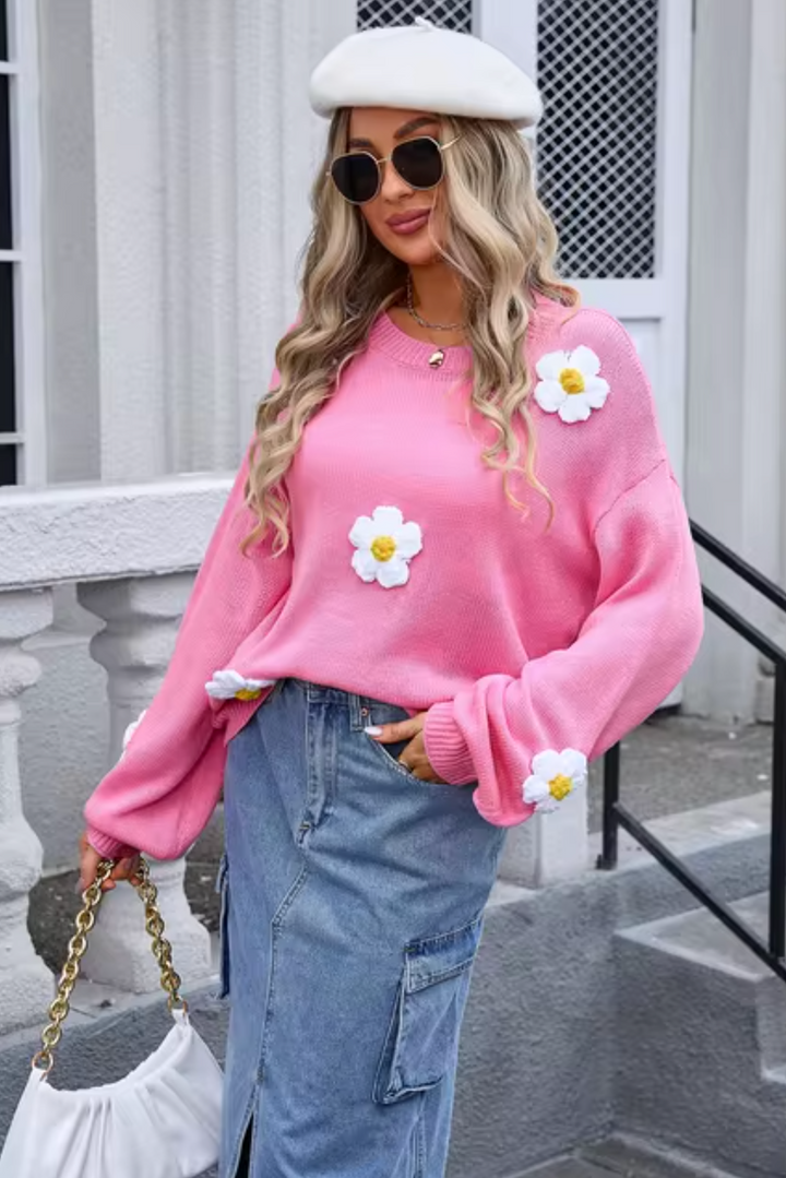 Stilla | Strikpullover Med 3d Blomsterdesign