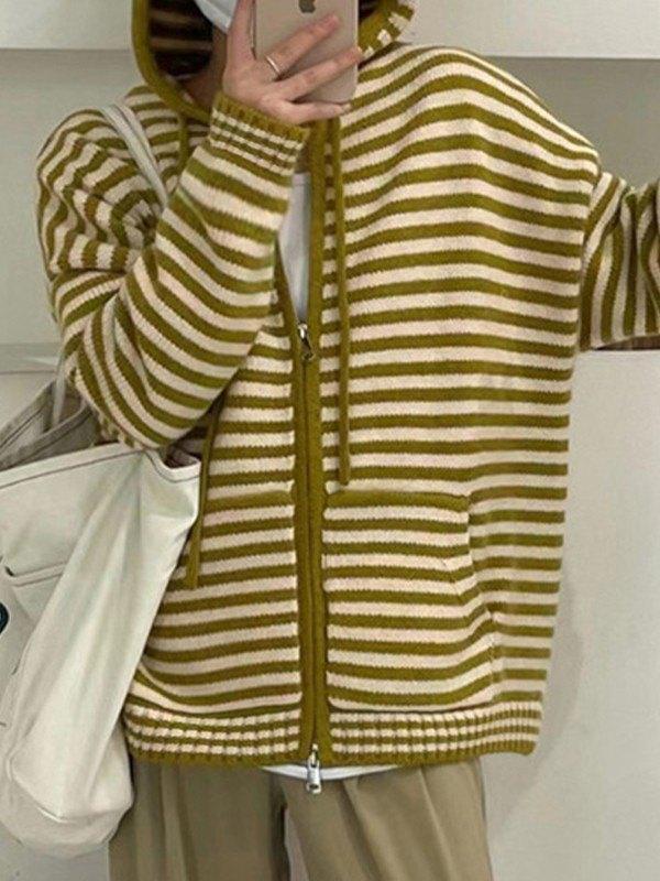 Stilla | Cozy Stribet Hættecardigan med Lynlås