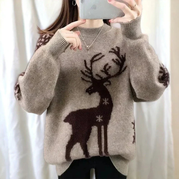 Stilla | Damepullover Varm Af Strik Med Reindeer og Snefnugsmønster