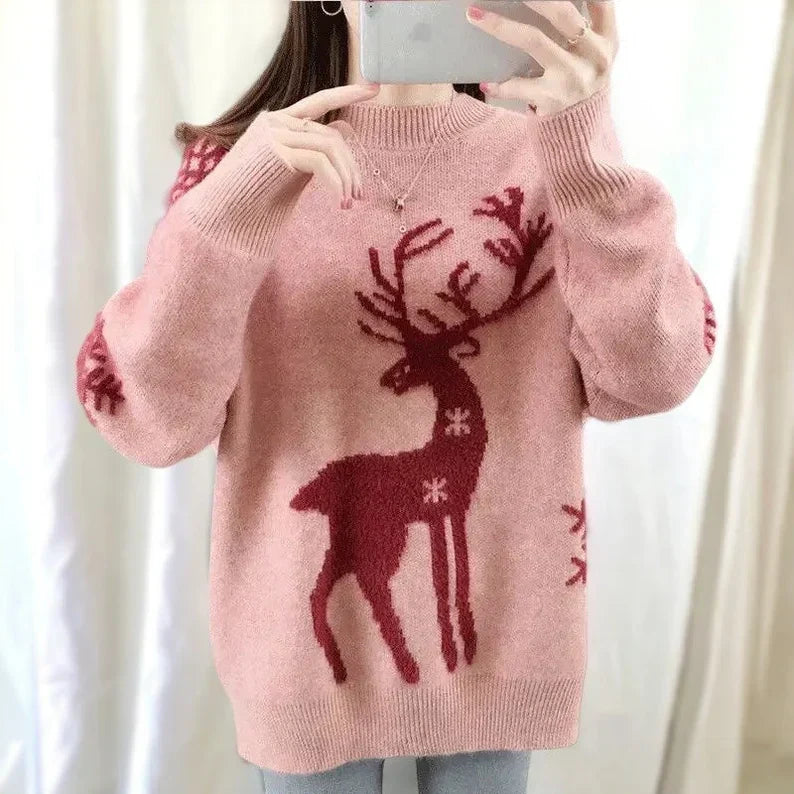 Stilla | Damepullover Varm Af Strik Med Reindeer og Snefnugsmønster