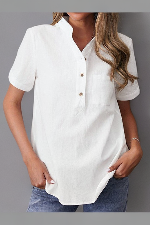 Stilla | Cotton Bluse Med Knapper og Løs Stå Op Krave