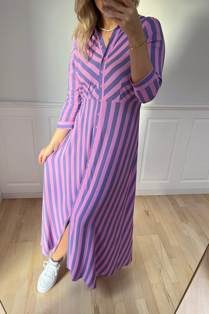 Stilla | Stripe Langærmet Knap Maxi Skjorte Kjole