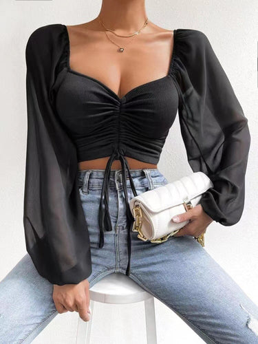 Stilla | Strik Paneled Chiffon Top Feminin Top Europæisk Og Amerikansk