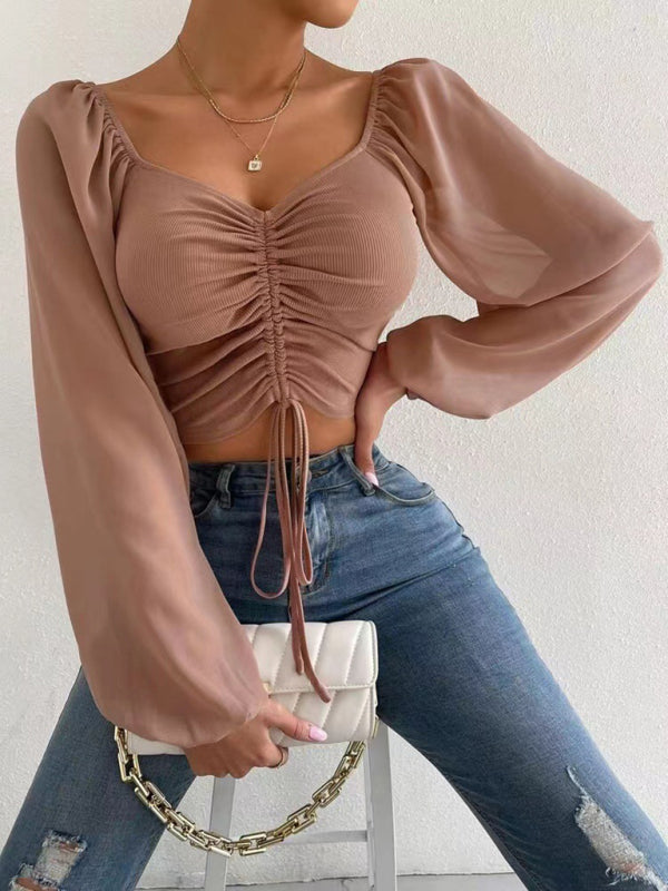 Stilla | Strik Paneled Chiffon Top Feminin Top Europæisk Og Amerikansk
