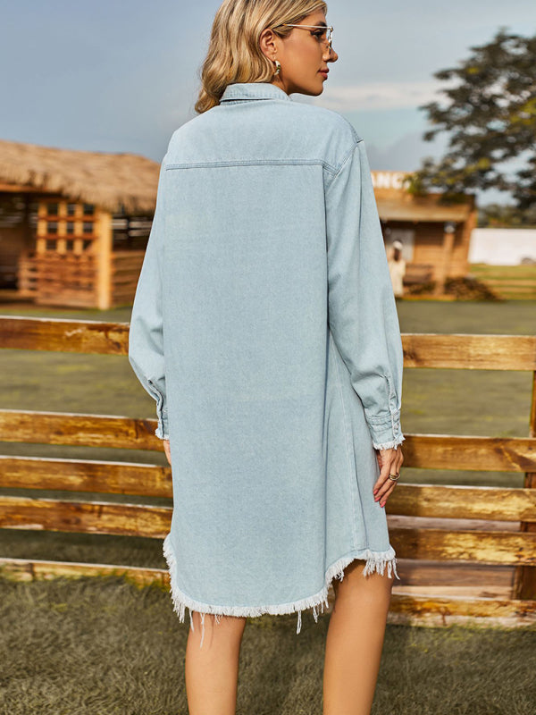 Stilla | Vasket Denim Løs Casual Langærmet Rå Kant Kjole