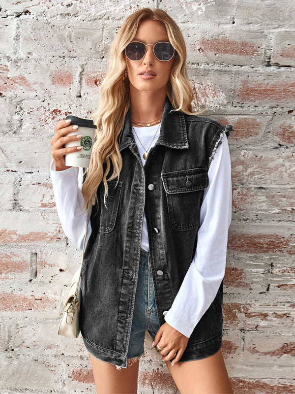 Stilla | Vasket Denim Løs Vest/veste Cardigan