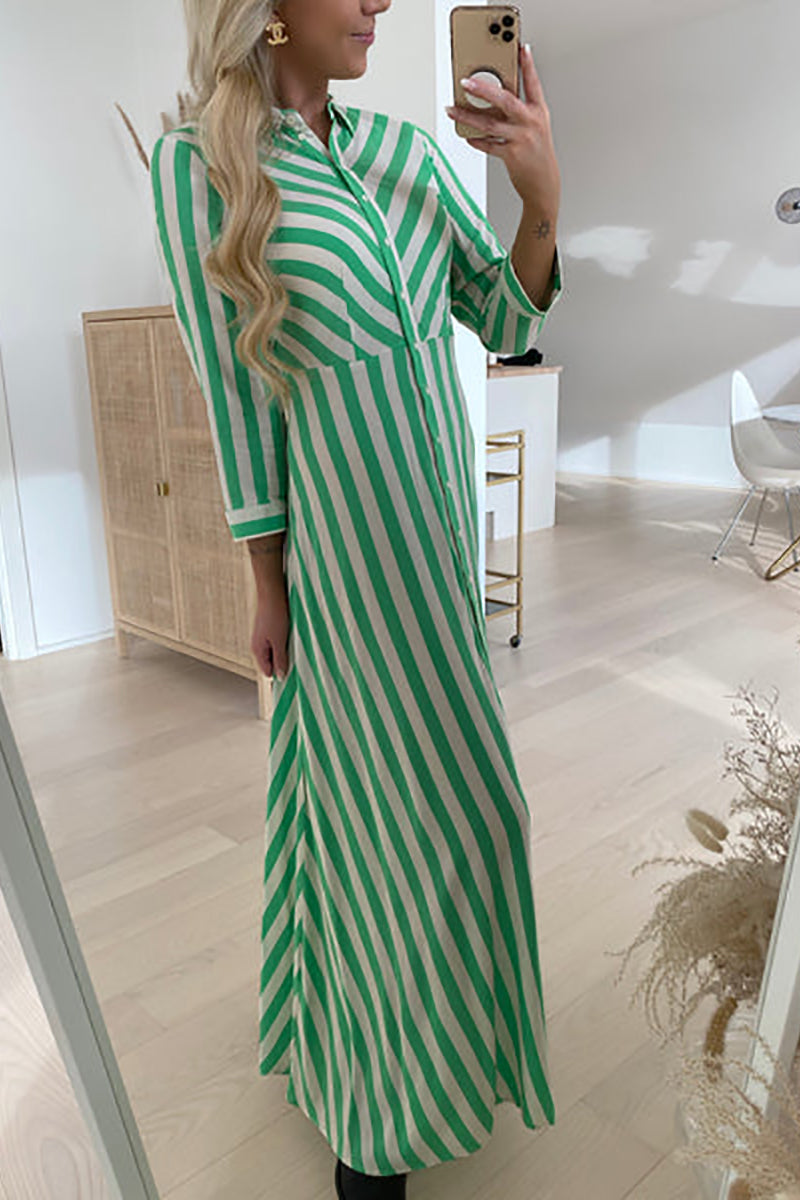 Stilla | Stripe Langærmet Knap Maxi Skjorte Kjole