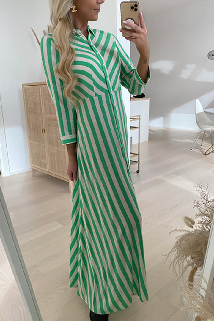 Stilla | Stripe Langærmet Knap Maxi Skjorte Kjole