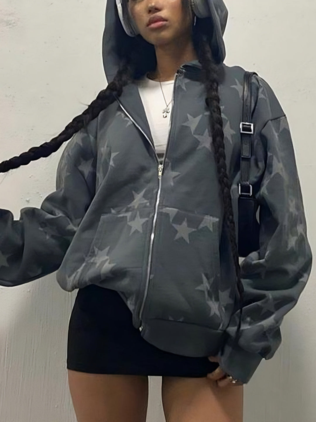 Stilla | Grå Stjerne-Hoodie med Lynlås
