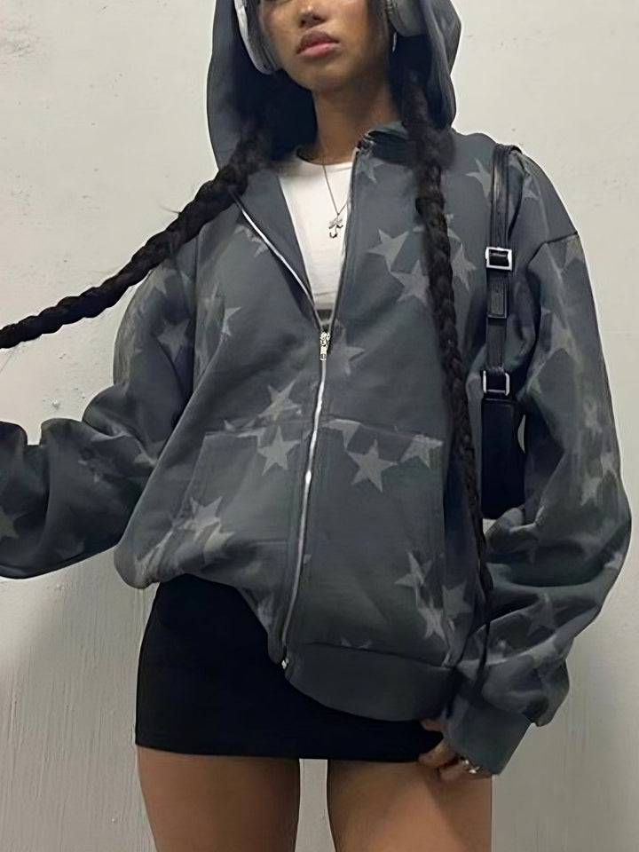 Stilla | Grå Stjerne-Hoodie med Lynlås