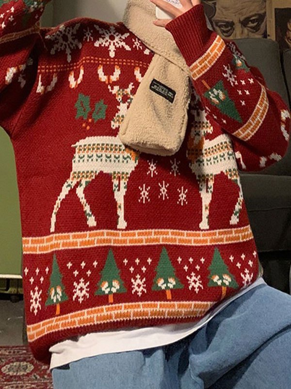 Stilla | Vintage Rundhalset Pullover med julemårdyrtryk
