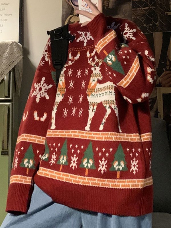 Stilla | Oversized Juletrøje med Rund Hals og Hjortemønster