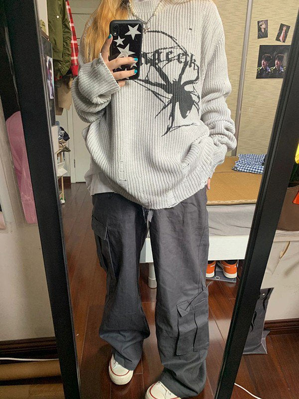 Stilla | Punk Ribbestrikket Sweatshirt med Trykt Edderkop