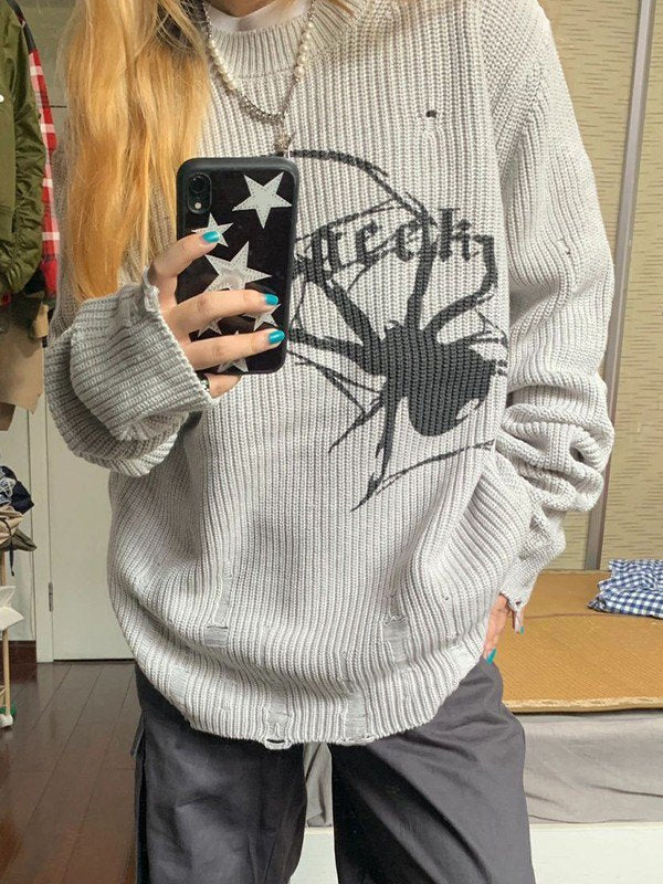 Stilla | Punk Ribbestrikket Sweatshirt med Trykt Edderkop