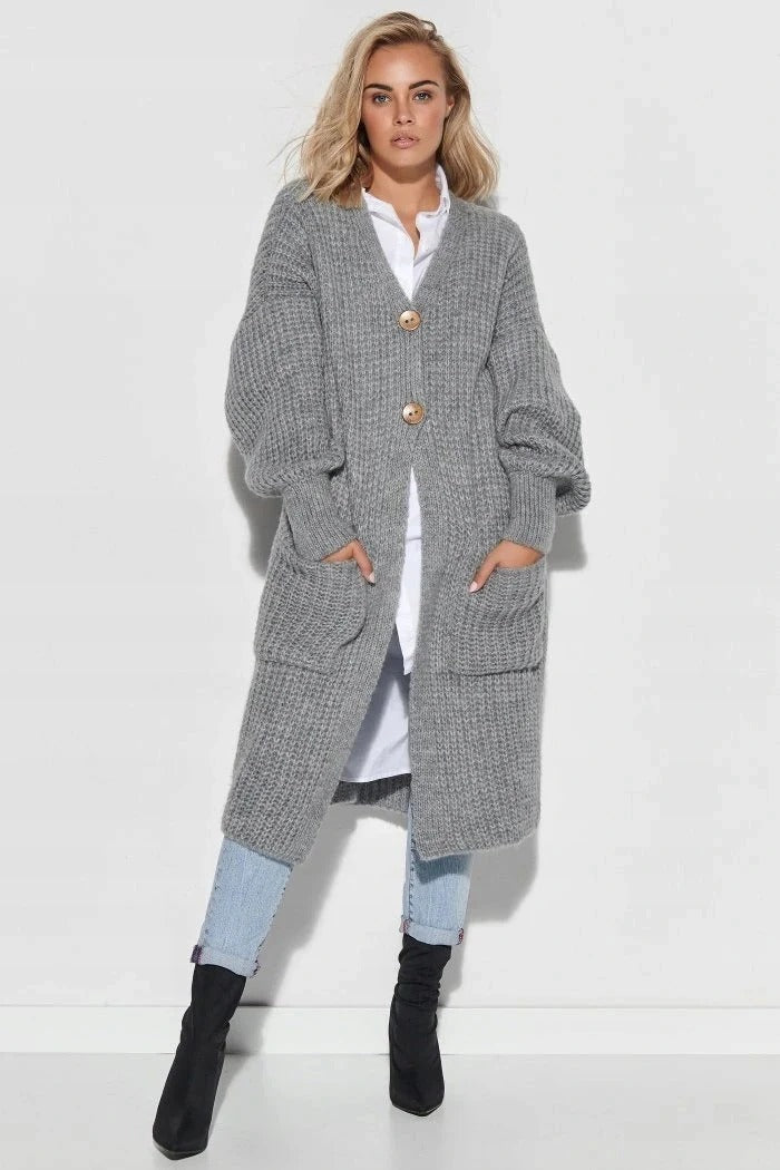 Stilla | Strikfrakke Oversized Pasform Lang Længde Knaplukning Store Lommer