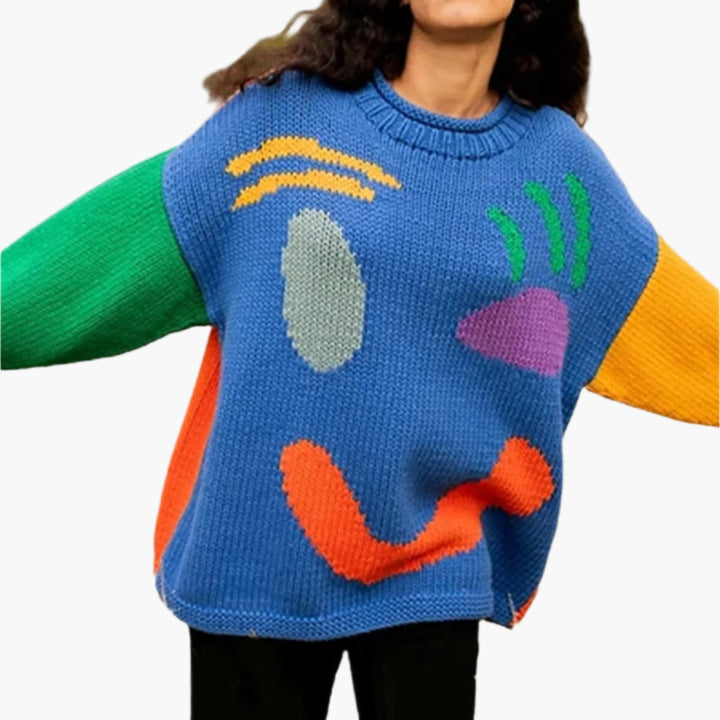 Stilla | Strikpullover I Kunstnerstil - Behagelig Fritidsjumper med Abstrakt Ansigtmønster