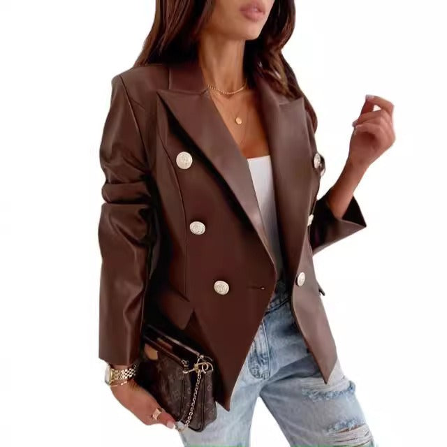 Stilla | Blazer Læderlook Tætsiddende Pasform Dobbelt række Lange Ærmer