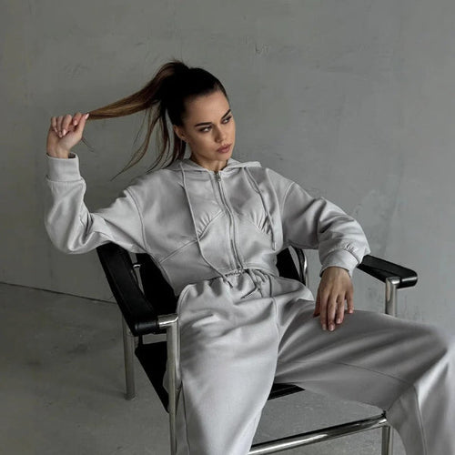 Stilla | Loungewear Sæt Zip-Up Hættetrøje Bred Bukser Blød Bomuldsblanding