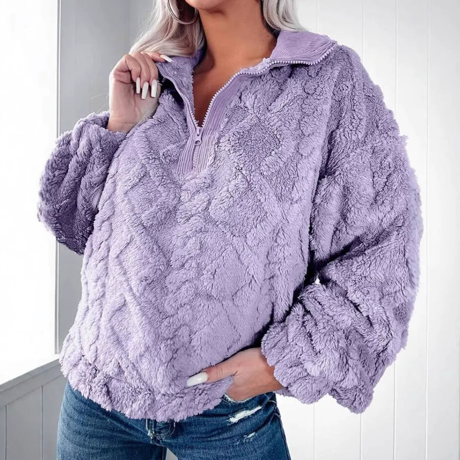 Stilla | Sweater Faux Fur Afslappet Pasform Steppet Struktur Halv Lynlås