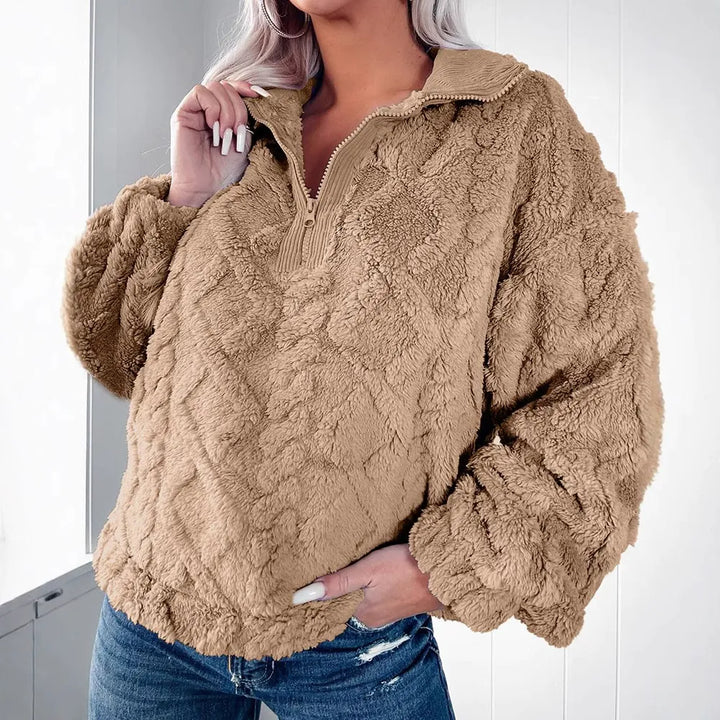Stilla | Pullover Sweatshirt Kunstlærred Løs Pasform Polstret Halv Lynlås Lange Ærmer