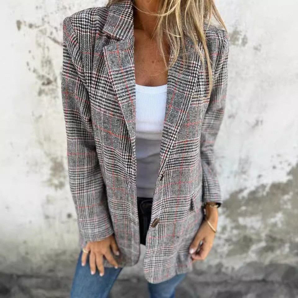 Stilla | Strikjakke Uldblanding Løs Pasform Houndstooth Reverskrave