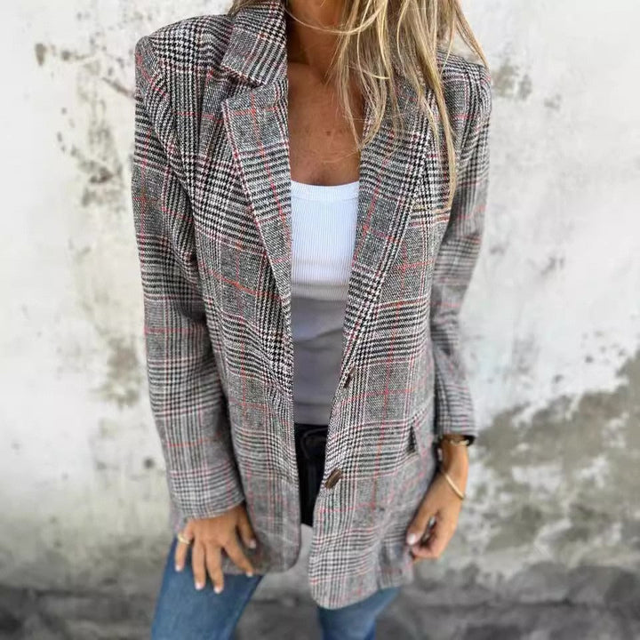 Stilla | Strikjakke Uldblanding Løs Pasform Houndstooth Reverskrave