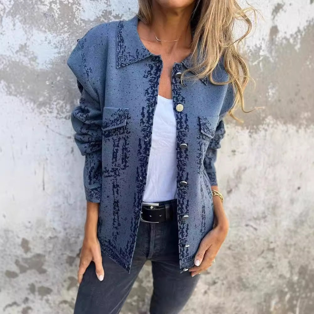 Stilla | I denim Løs pasform Patchwork design Lange ærmer Knaplukning