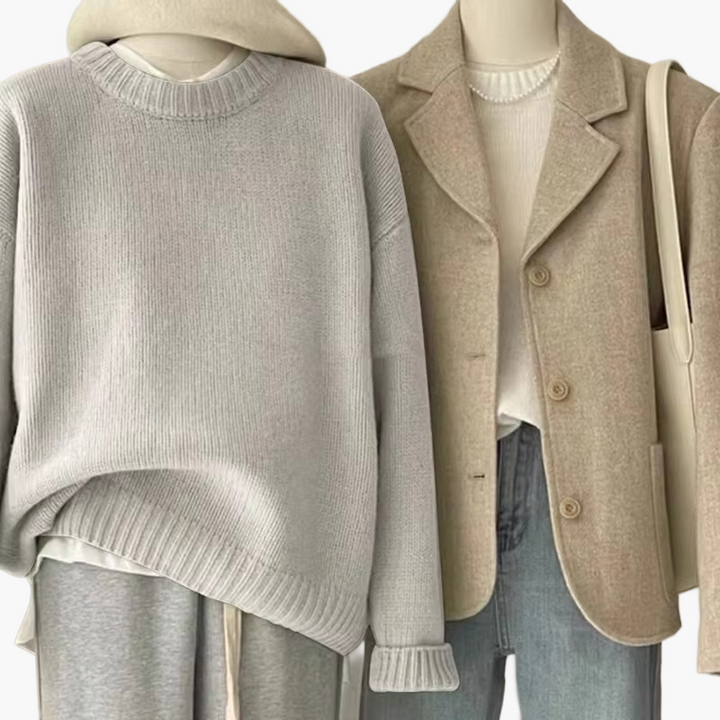 Stilla | Sæt Afslappet Retro Japansk Stil - Strikpullover og Blazer til Hverdag og Fritid