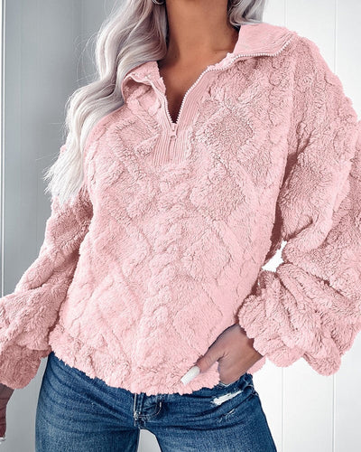 Stilla | Sweater Faux Fur Afslappet Pasform Steppet Struktur Halv Lynlås