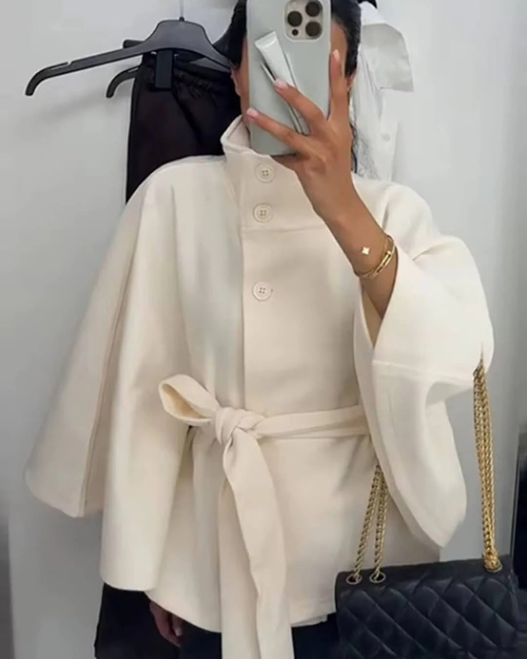 Stilla | Høj krave Bælte tasker Cape Jakke Knap Crossbody frakke