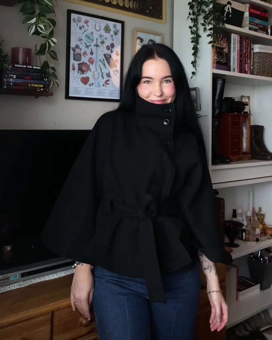 Stilla | Høj krave Bælte tasker Cape Jakke Knap Crossbody frakke