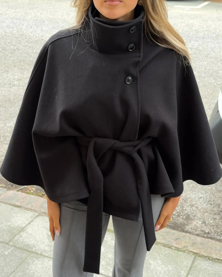Stilla | Høj krave Bælte tasker Cape Jakke Knap Crossbody frakke