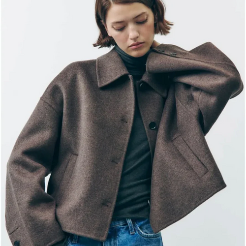 Stilla | Cropped Uldblanding Jakke Minimalistisk Knap Ned Yderbeklædning