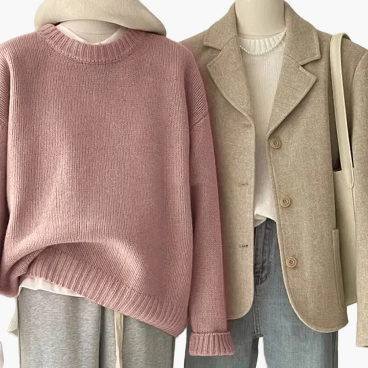 Stilla | Sæt Afslappet Retro Japansk Stil - Strikpullover og Blazer til Hverdag og Fritid