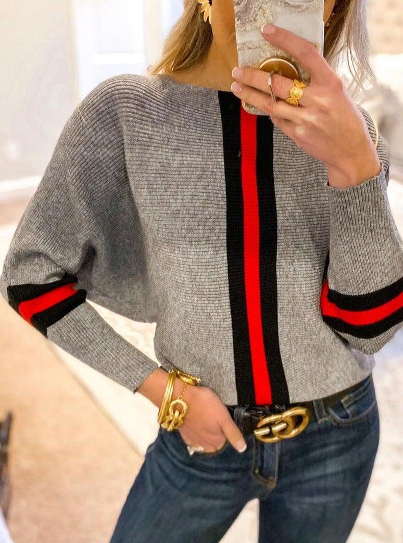 Stilla | Grå Stribet Pullover Rød Boston