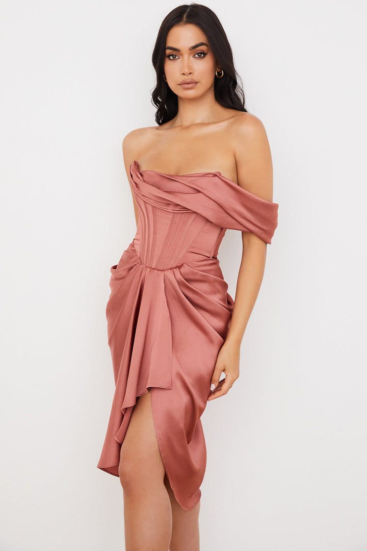 Stilla | Draperet Midikjole Satin Med En Skulder