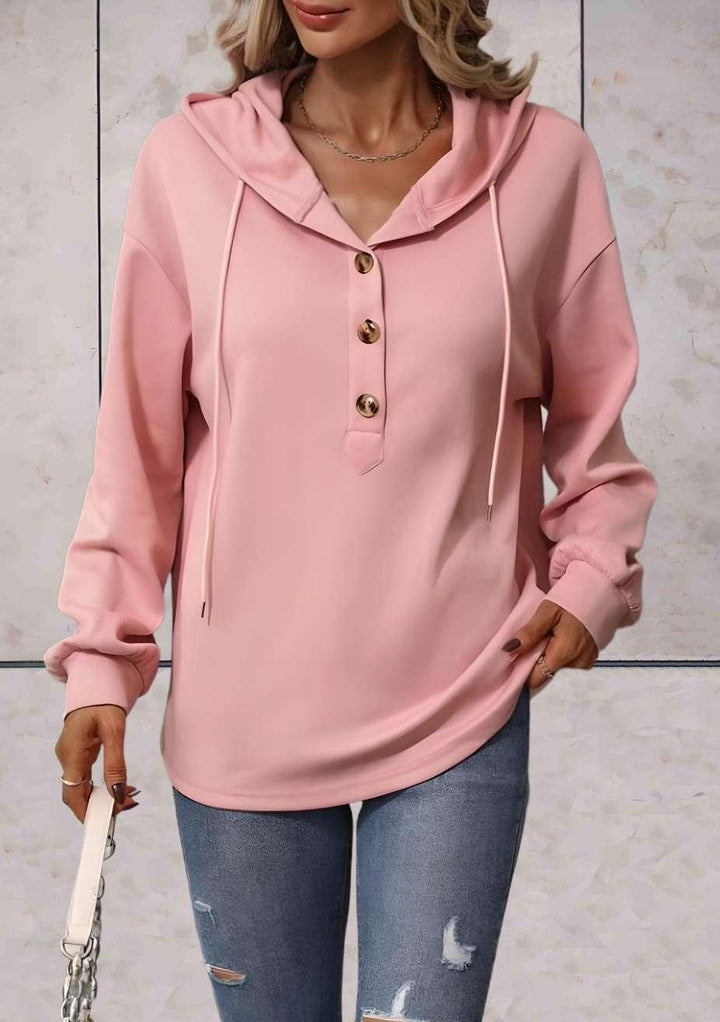 Stilla | Langærmet sweatshirt Uni Med Hætte Og Knapper Foran
