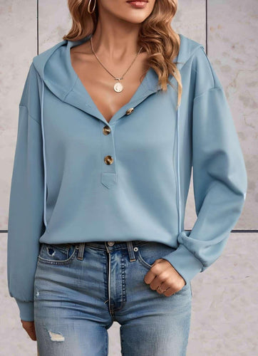 Stilla | Langærmet sweatshirt Uni Med Hætte Og Knapper Foran