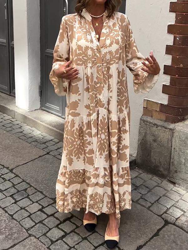 Stilla | Smukt Langt Kjole Med V-udskæring og 3/4 Ærmer