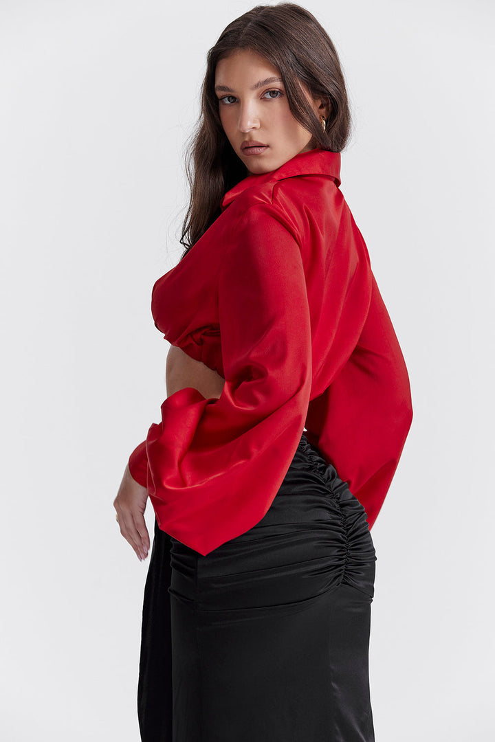 Stilla | Cherry Silke Blouson Top Med Draperet Silke Maxi Nederdel