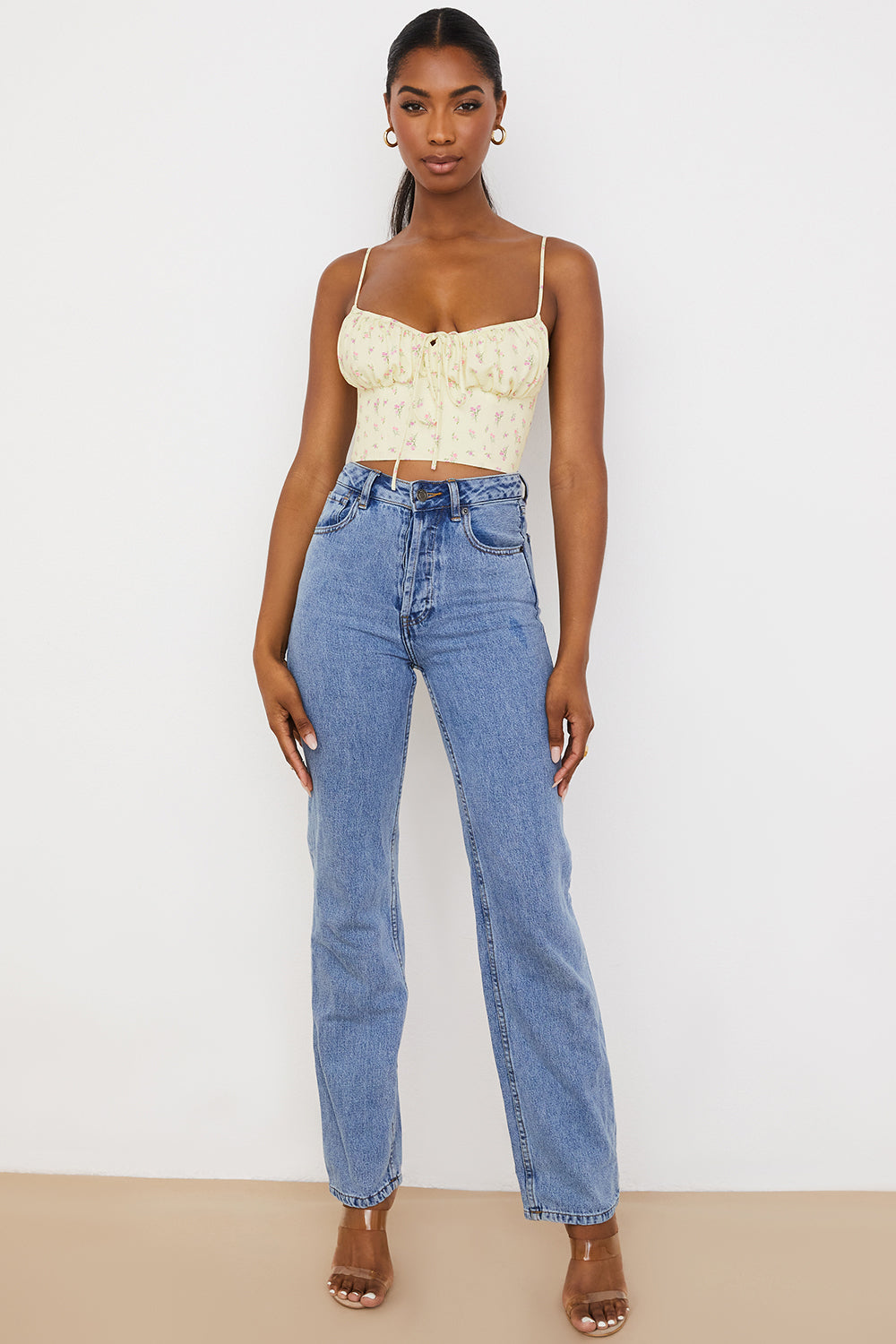 Stilla | Citronfarvet Blomstret Bustier Top Med Læg