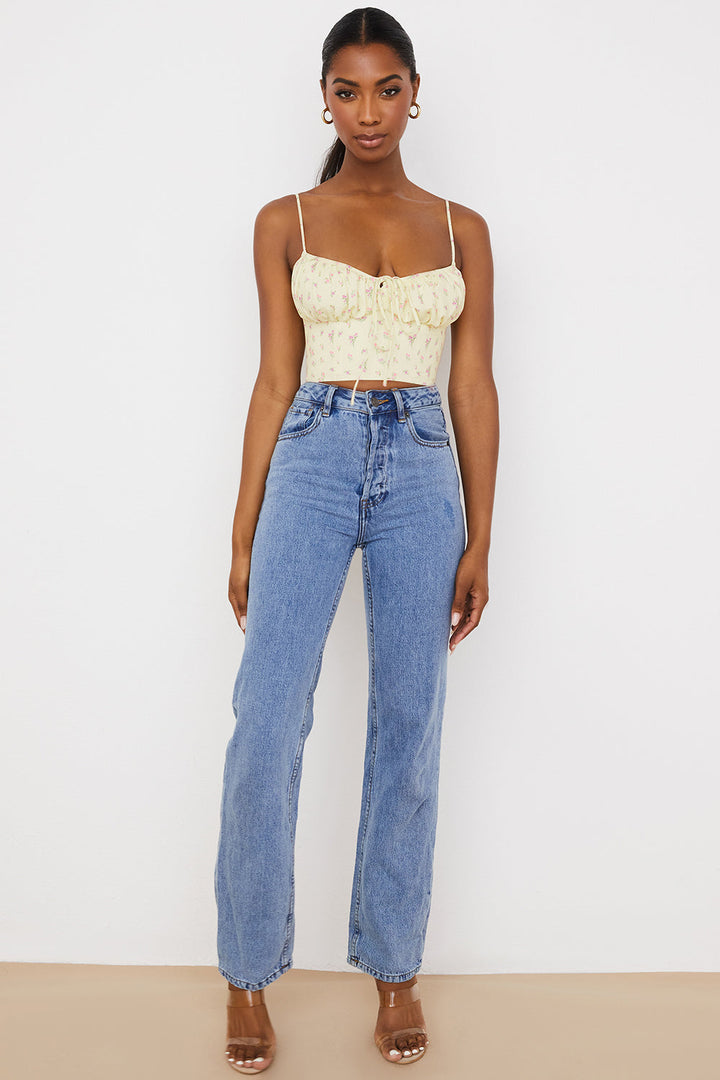 Stilla | Citronfarvet Blomstret Bustier Top Med Læg