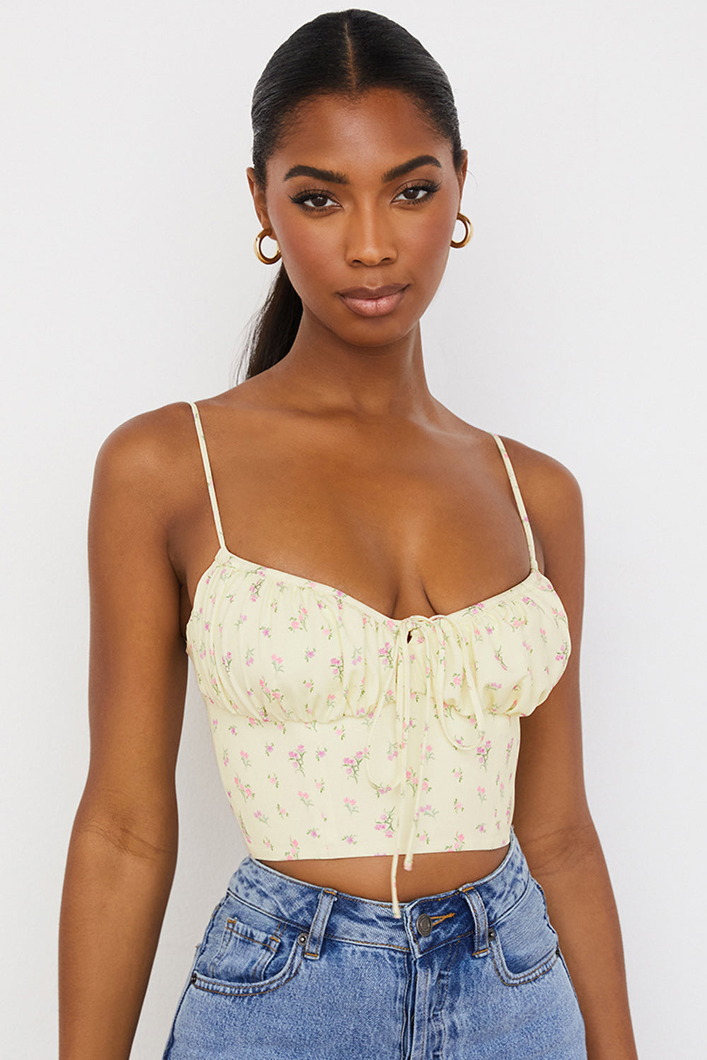 Stilla | Citronfarvet Blomstret Bustier Top Med Læg