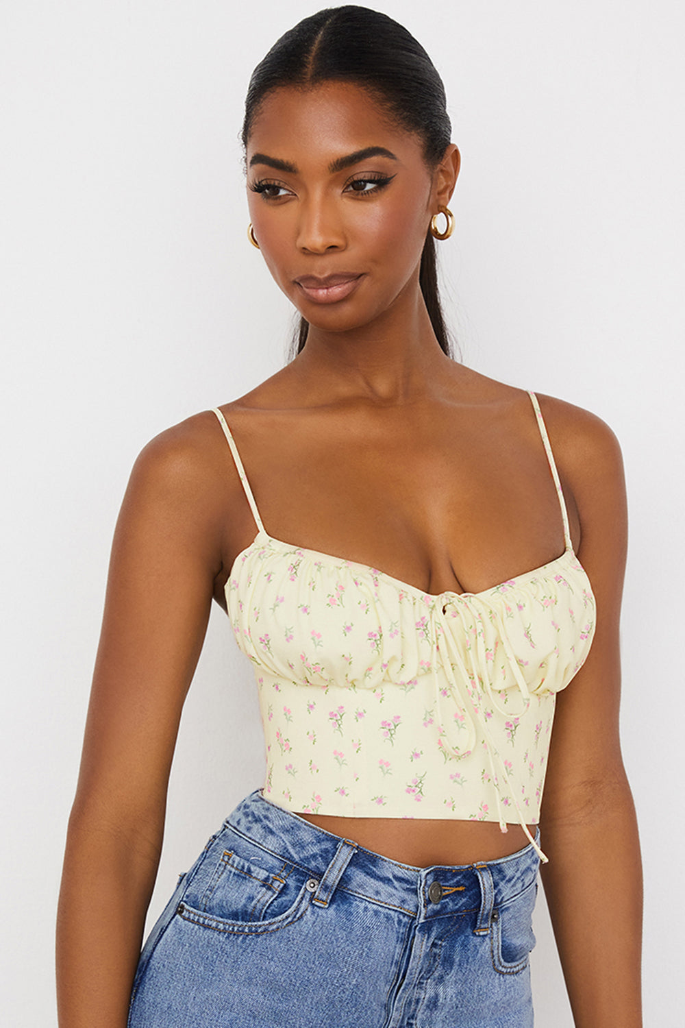 Stilla | Citronfarvet Blomstret Bustier Top Med Læg