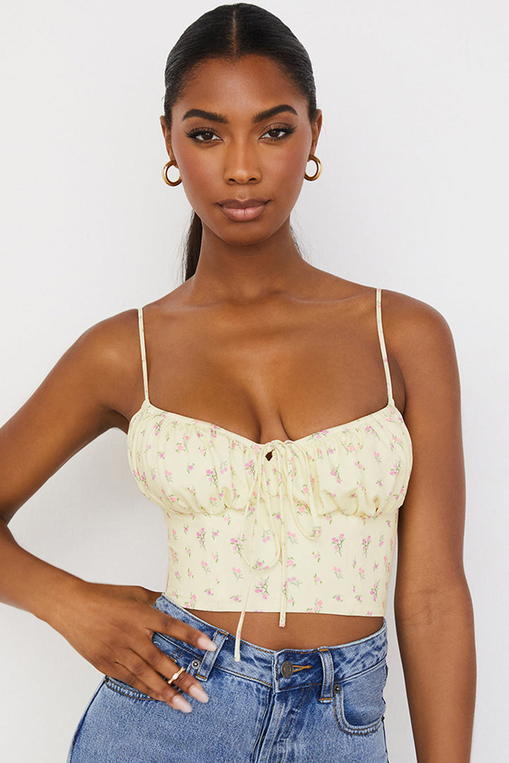 Stilla | Citronfarvet Blomstret Bustier Top Med Læg